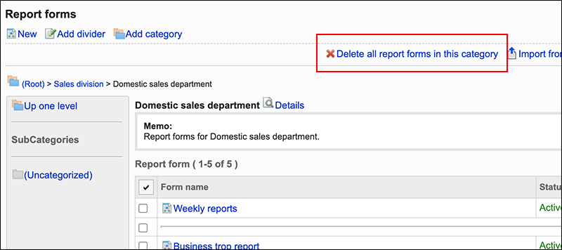 Screenshot: Link to Delete all report forms in this category is highlighted on the Report forms screen
