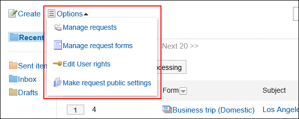 Screenshot: The "Options" action link is highlighted on the Workflow screen