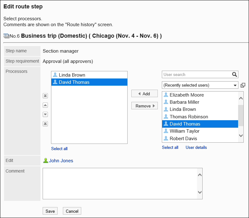 Screen for changing route steps