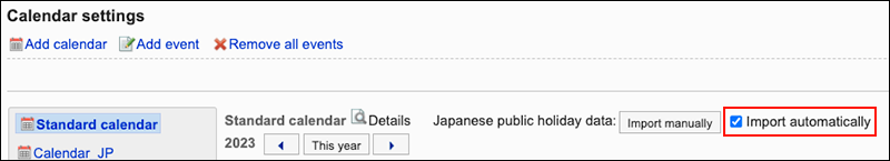 Screenshot: "Import automatically" checkbox is highlighted Tin the "Calendar settings" screen
