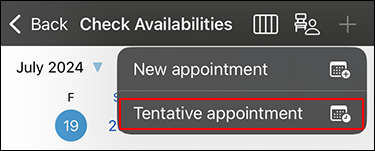 Screenshot: The "Check Availabilities" screen with the "Tentative appointment" link highlighted