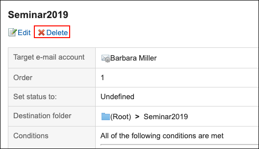 Screenshot: Link to delete is highlighted in the filter details screen