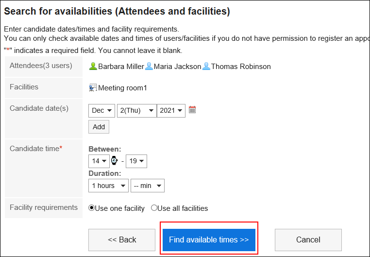 Screen capture: Button to search for available hours on the "Arrange appointments" screen