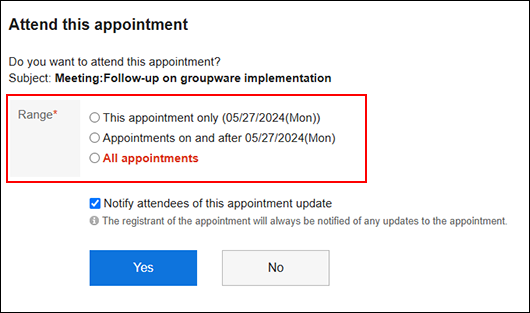 Screenshot: A range for the appointment is highlighted on the "Attend this appointment" screen