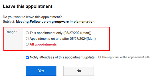 Screenshot: A range for the appointment is highlighted on the "Leave this appointment" screen