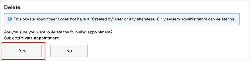 Screenshot: A screen for deletion with the Yes button highlighted
