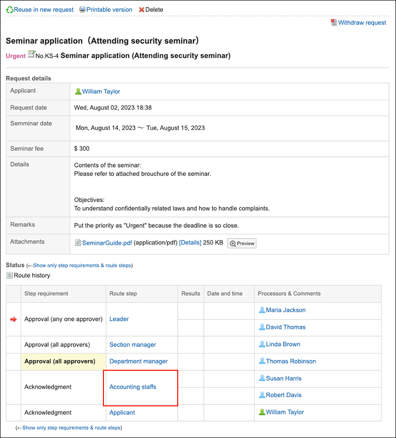 Screenshot: The route step of which a processor is changed is highlighted in the "Request details" screen