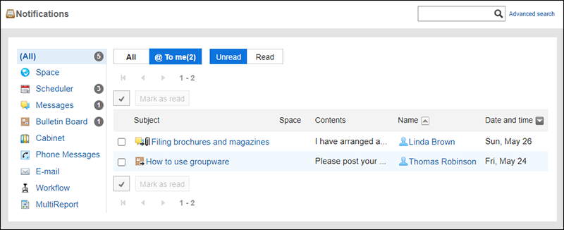 Screenshot: Showing the notifications addressed to me on the "Notifications" screen