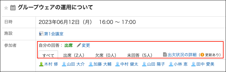 スクリーンショット：出欠状況の詳細リンクの右に（更新あり）と表示されている予定の詳細画面