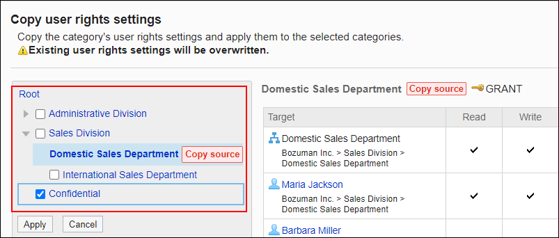 Screenshot: Image of selecting categories to apply user rights