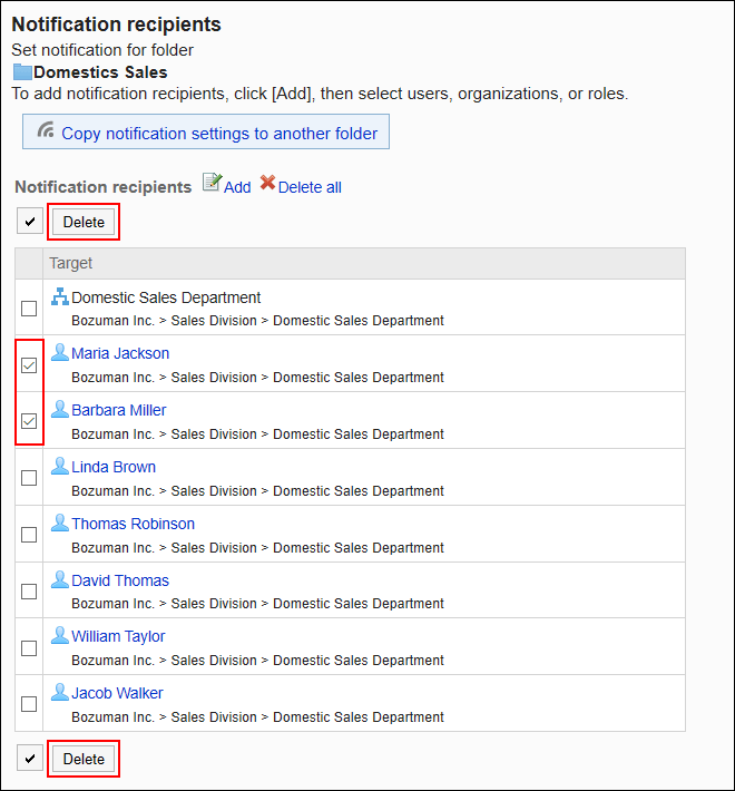 Image showing the selection of notification recipients to delete