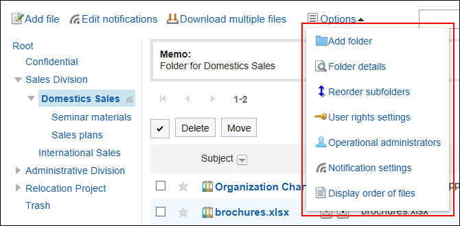 Image of a menu that is displayed on the "Cabinet" screen of operational administrators