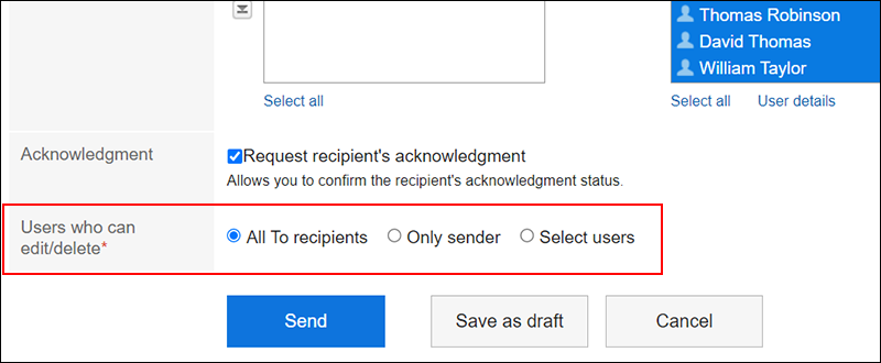 Screenshot: The "Users who can edit/delete" option on the "Compose Messages" screen is highlighted