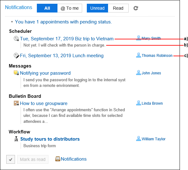 Example of Notifications Portlet items to show