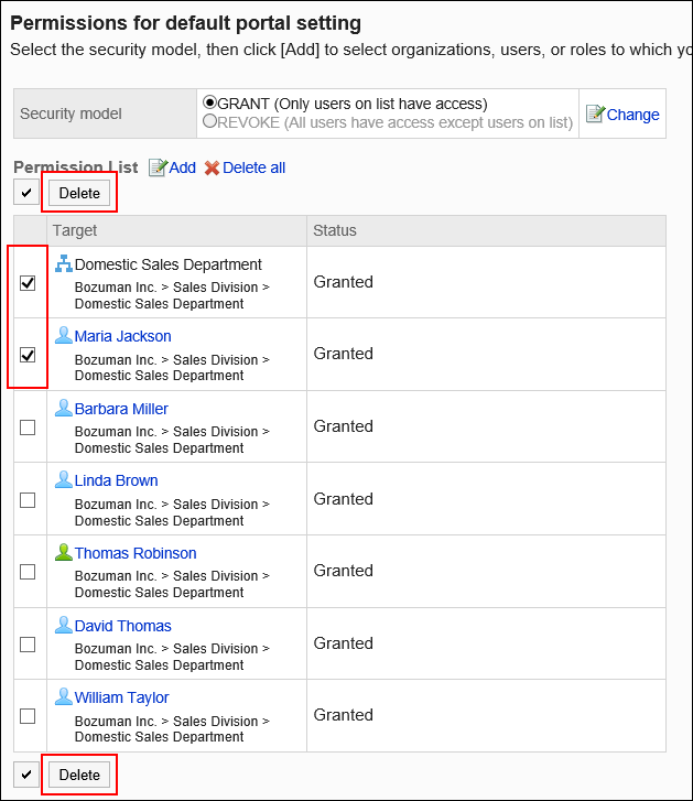 Image of selecting the permission to delete