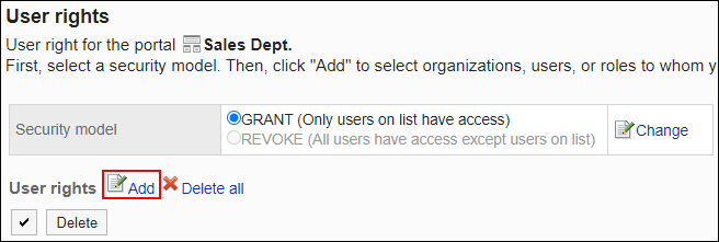 Screenshot: Link to add is highlighted in the list of User rights screen
