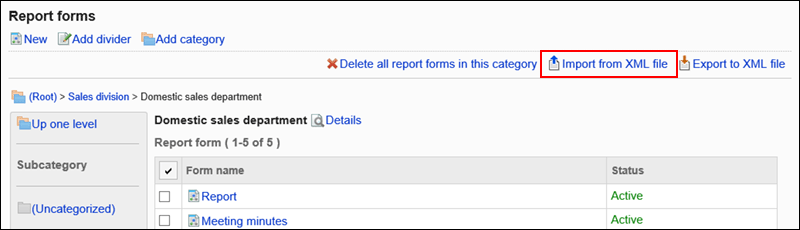 Image of importing data from an XML file action link