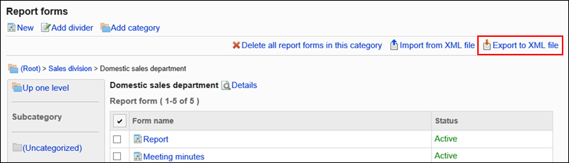 Image of exporting data to a XML file action link