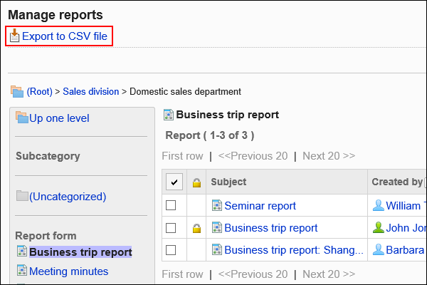 Image of "Export to CSV file" action link