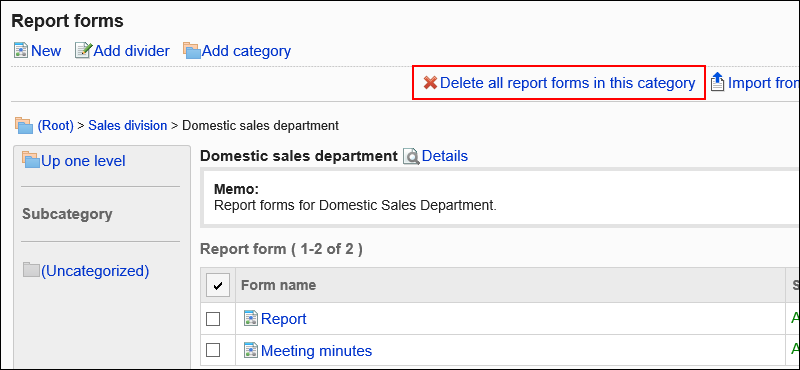 Image of the Delete all report forms in the category action link