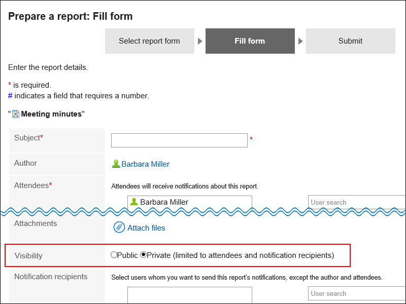 Screenshot: Screen to prepare a report
