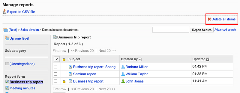 Image of the Delete all data in a report form action link
