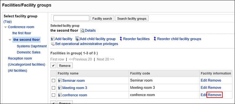 Screenshot: Link to remove is highlighted on the "Facilities/Facility groups" screen