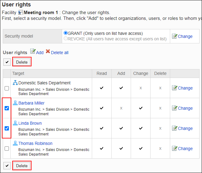 Screenshot: Checkboxes of users to be deleted are selected on the User rights screen. The Delete button is highlighted