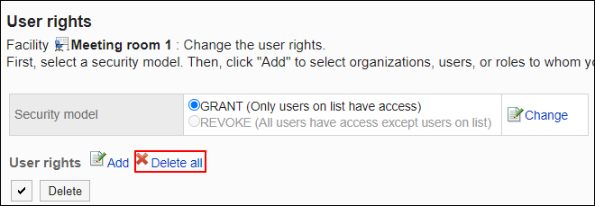 Screenshot: Link to delete all is highlighted in the list of User rights screen