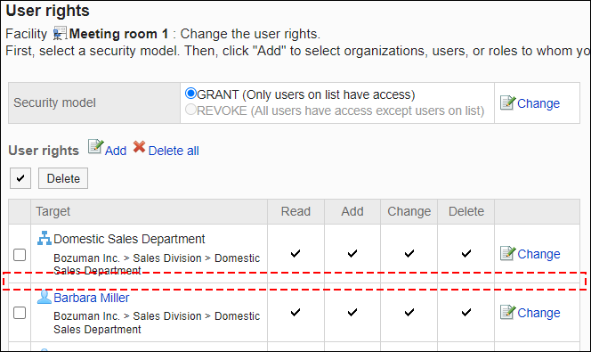 Screenshot: Example of permission settings. Daisuke Kato has been deleted from the user rights list