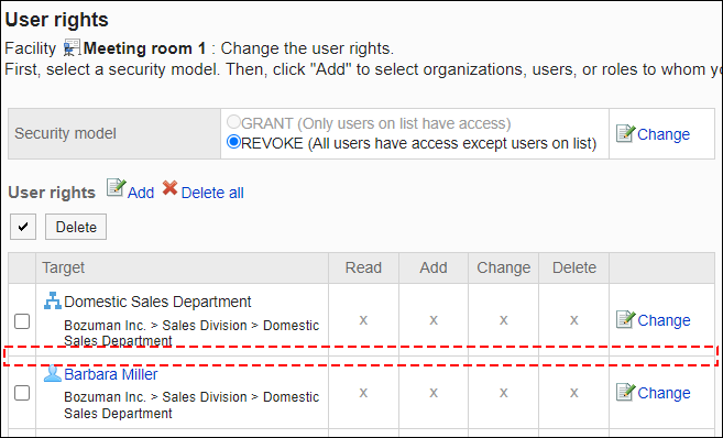 Screenshot: Example of permission settings. Daisuke Kato has been deleted from the user rights list