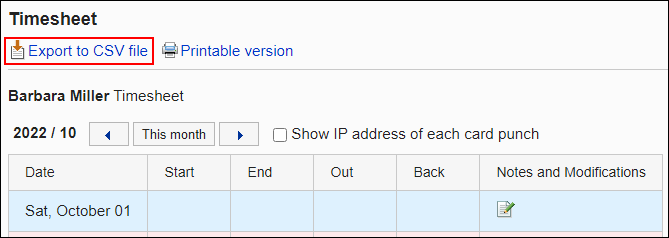 Screenshot: An action link to export data to a CSV file is highlighted on the "Timesheet" screen