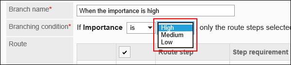 Image in which the route condition for radio button is highlighted