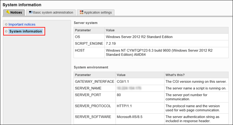 Image showing the system information