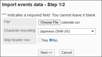 Screenshot: "Import events data" screen