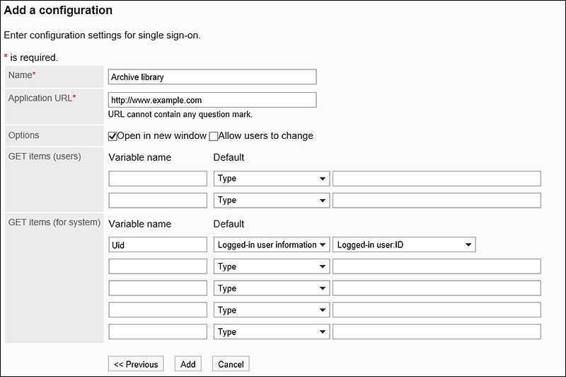 Screen to add a configuration