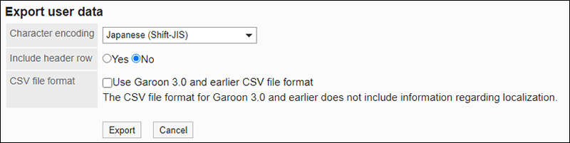 Screenshot: "Export user data" screen