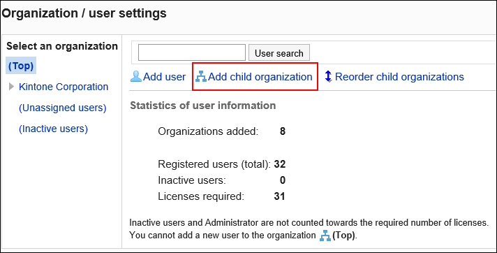 Organization/user setting screen