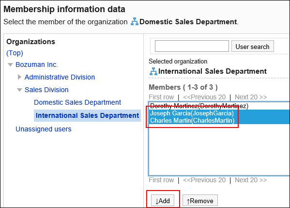 Image with selected users to add to an organization