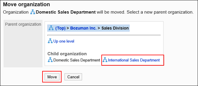 Image of the screen to move organizations