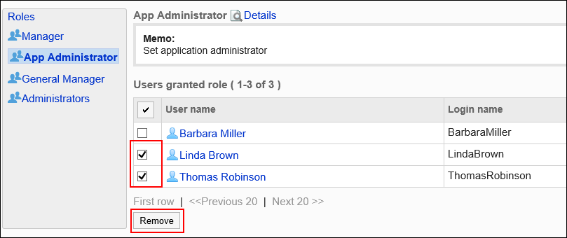 Image of selecting users to be removed from the role