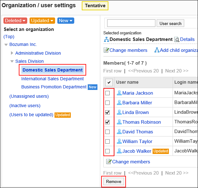 Image showing the selection of users to be removed from the organization
