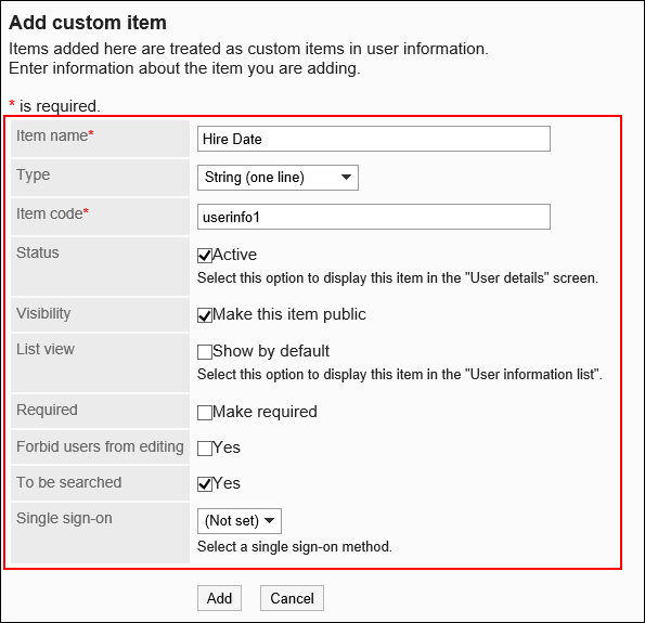 Screen to add custom items