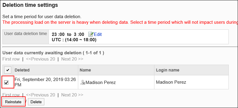 Image of selecting users to cancel deletion