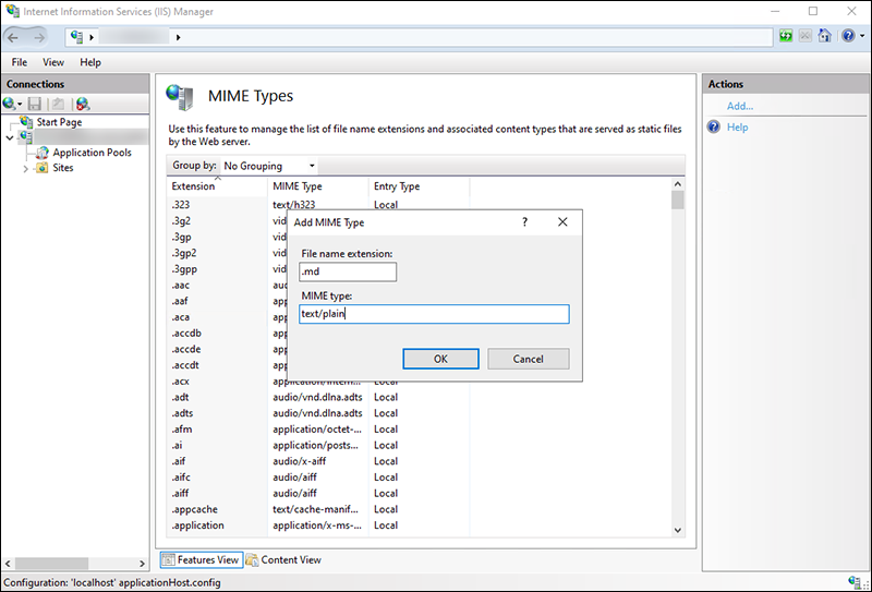 Screenshot: Configuring the file name extension and MIME type