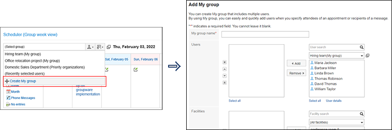 Screen capture: Action link to add My group is highlighted