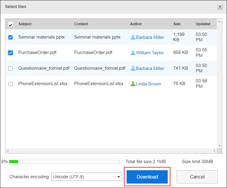 Screenshot: The "Select files" screen with the download button highlighted