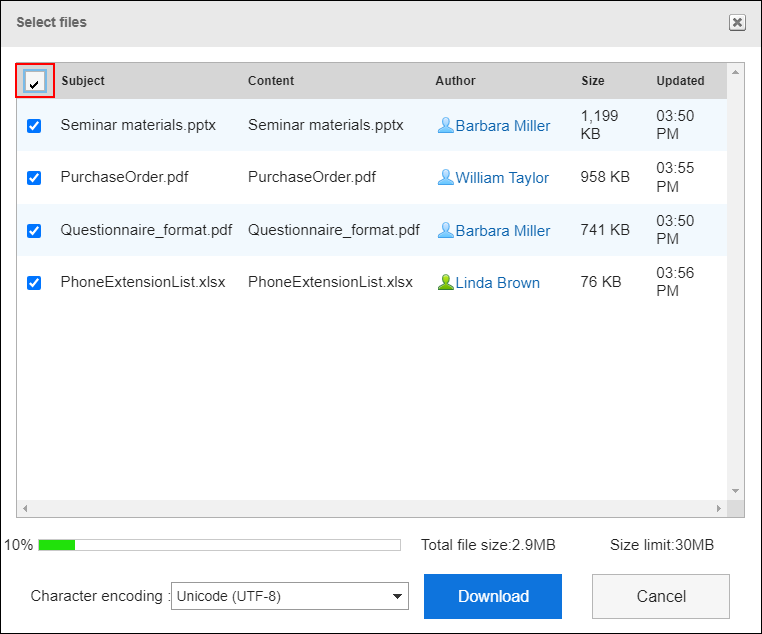 Screenshot: The "Select files" screen with a checkbox on the left of "Subject" highlighted