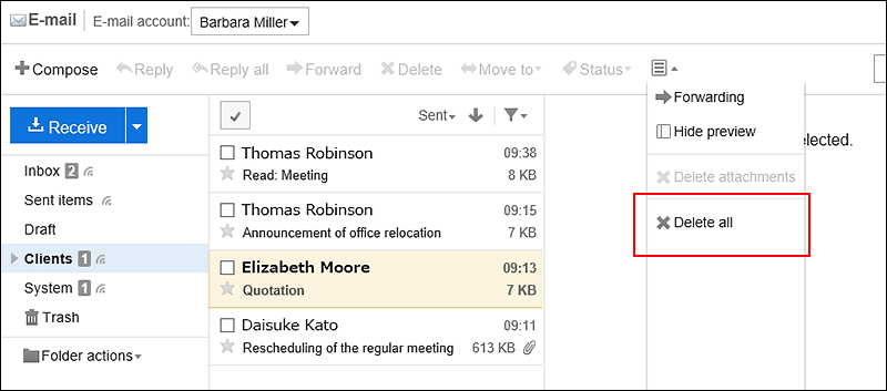 Screenshot: Link to delete all data in the folder is highlighted in the e-mail preview screen
