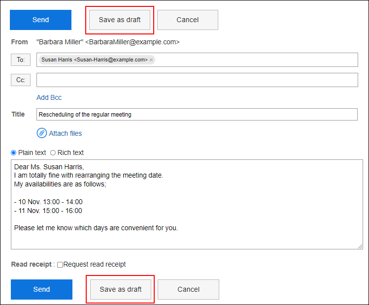 Screenshot: Compose an e-mail screen in which the "Save as draft" button is highlighted